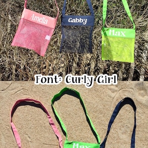 May include: Mesh tote bags in pink, navy, and lime green, each with a matching strap and a name printed in white. The bags are displayed against a backdrop of foliage and sand, with the text "Font: Curly Girl" visible.