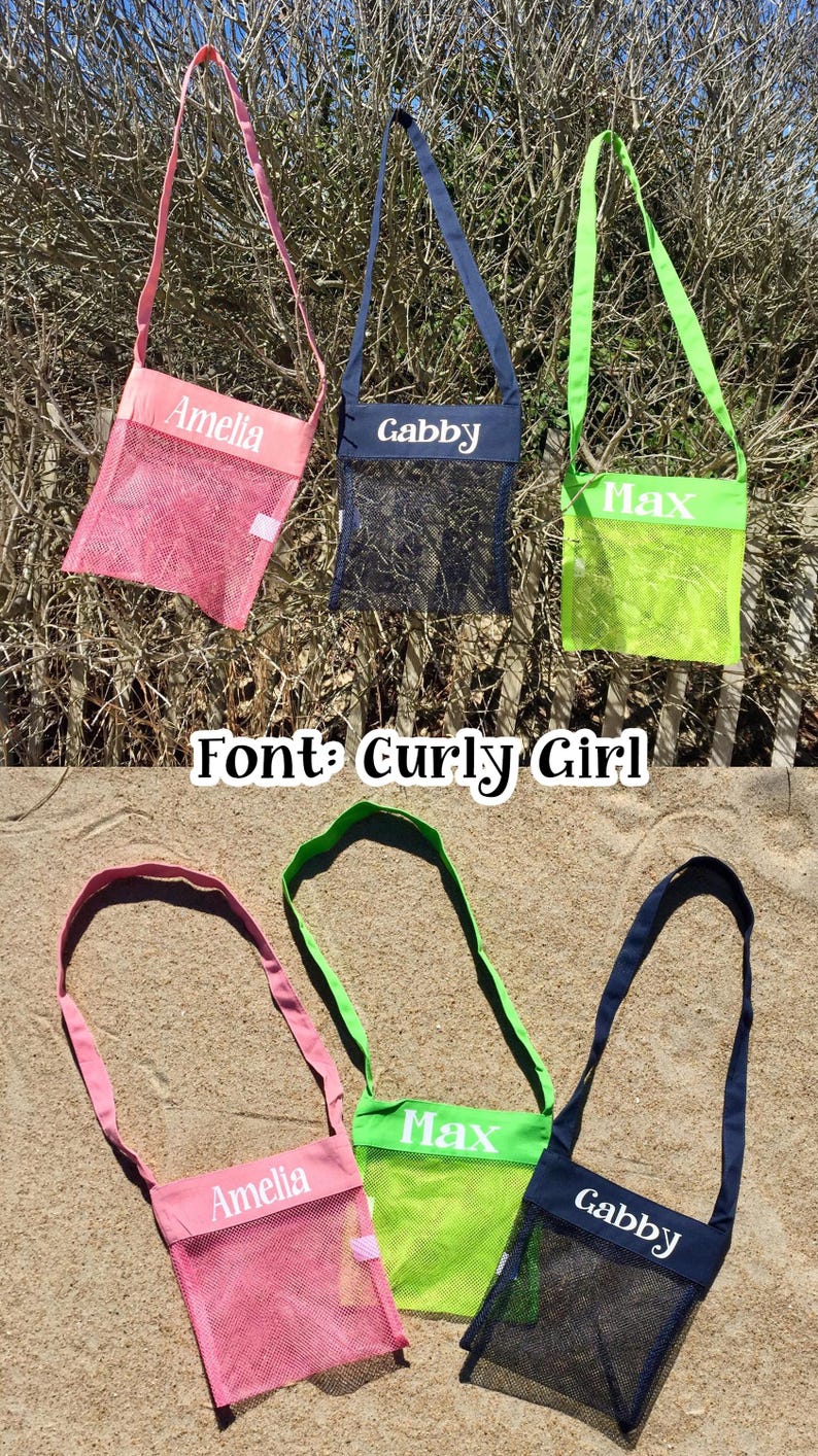May include: Mesh tote bags in pink, navy, and lime green, each with a matching strap and a name printed in white. The bags are displayed against a backdrop of foliage and sand, with the text "Font: Curly Girl" visible.