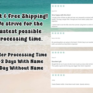 May include: Image with text: "Fast & Free Shipping! We strive for the fastest possible processing time. Order Processing Time 1-2 Days With Name 1 Day Without Name." Also includes customer reviews with 5-star ratings.
