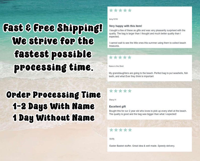 May include: Image with text: "Fast & Free Shipping! We strive for the fastest possible processing time. Order Processing Time 1-2 Days With Name 1 Day Without Name." Also includes customer reviews with 5-star ratings.