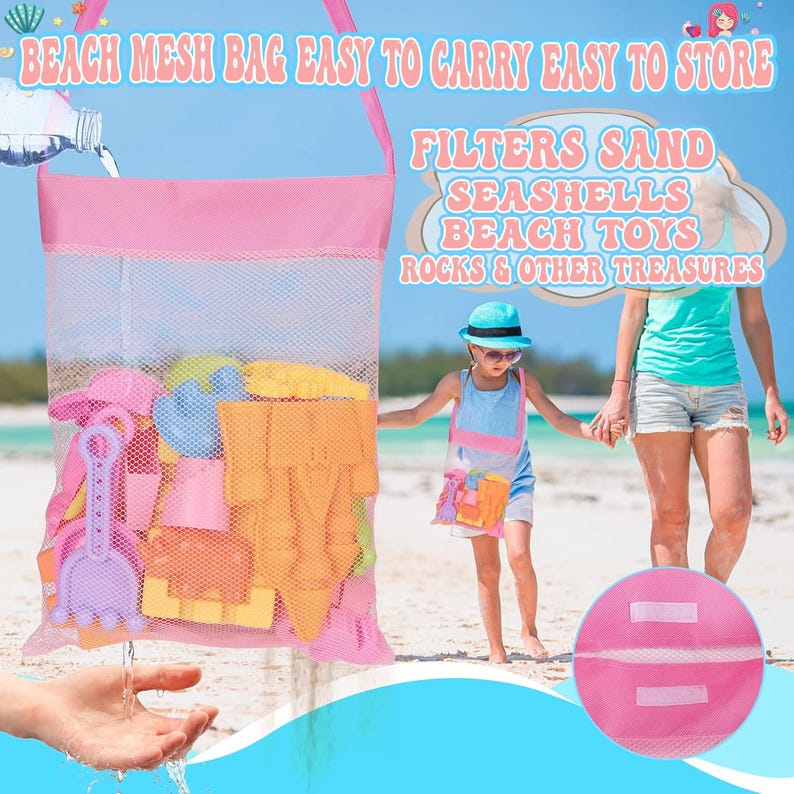 May include: A pink mesh beach bag filled with colorful beach toys. The bag has a pink handle and the text "BEACH MESH BAG EASY TO CARRY EASY TO STORE" is visible. The bag is designed to filter sand, seashells, beach toys, rocks, and other treasures.