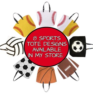 Puede incluir: Ocho bolsas de mano con dise&ntilde;os de balones deportivos, incluyendo b&eacute;isbol, softbol, f&uacute;tbol, baloncesto, voleibol y f&uacute;tbol americano. Las bolsas est&aacute;n dispuestas alrededor de un c&iacute;rculo rojo con texto.