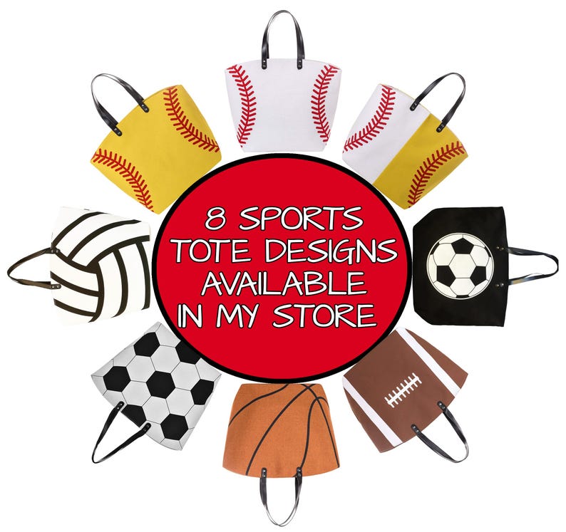 Puede incluir: Ocho bolsas de mano con dise&ntilde;os de balones deportivos, incluyendo b&eacute;isbol, softbol, f&uacute;tbol, baloncesto, voleibol y f&uacute;tbol americano. Las bolsas est&aacute;n dispuestas alrededor de un c&iacute;rculo rojo con texto.