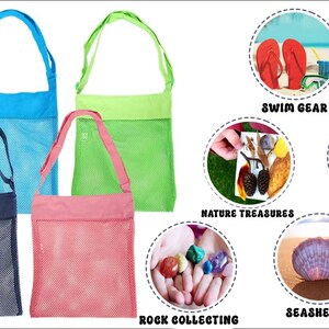 May include: Four mesh beach bags in blue, green, pink, and navy. The bags have a shoulder strap and a solid-colored top. The image also shows swim gear, nature treasures, beach toys, rock collecting, and seashells.