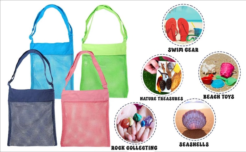May include: Four mesh beach bags in blue, green, pink, and navy. The bags have a shoulder strap and a solid-colored top. The image also shows swim gear, nature treasures, beach toys, rock collecting, and seashells.