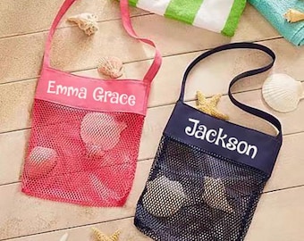 Custom Name Seashell Bag | Kid's Personalized Seashell Bag | Shell Collection | Rock Collection | Mesh Beach Bags | Kid's Party Favor