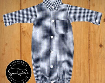 Navy Blue Gingham Baby Gown | Button Down Baby Gown | Classic Baby Gift | Coming Home Outfit | Heirloom Baby | Monogram Blanks | Baby Shower