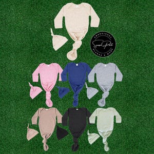 Knotted Newborn Baby Gown & Hat Set | 7 Colors | Infant Layette Set | Baby Shower Gift | Coming Home Outfit | Sublimation Embroidery Blanks