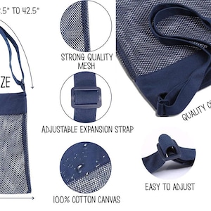 May include: A navy blue mesh tote bag with a 100% cotton canvas top and adjustable strap. The bag is 11" wide and 13.5" tall, with a strap adjustable from 23.5" to 42.5". Features include a Velcro closure and an adjustable expansion strap.