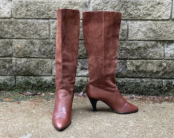 Vintage 70s Cognac Brown Leather Knee Wood Stacked Heel Boots 8 Wide ...