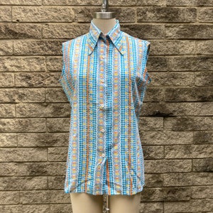 size 13/14 - 1970s sleeveless print blouse