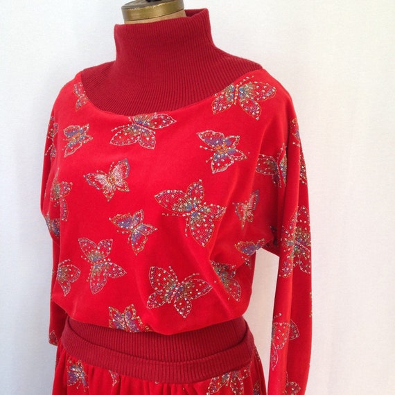 1980s red velour and knit day dress with glitter … - image 1