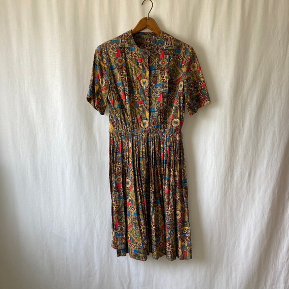 1960s vibrant folk art print collarless shirtwaist dress | Etsy