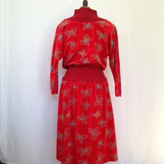 1980s red velour and knit day dress with glitter … - image 2