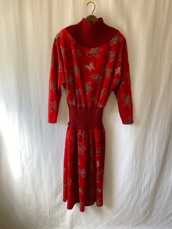 1980s red velour and knit day dress with glitter … - image 3