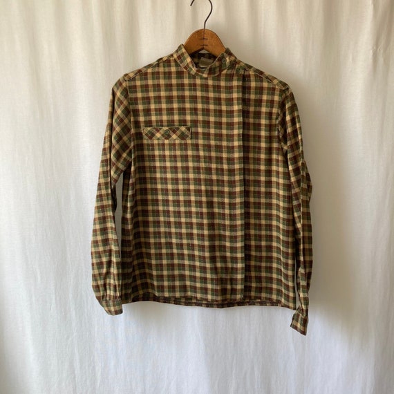 1980s plaid asymmetrical blouse with metallic trim