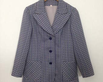 1970s grey/blue/white print blazer, sz 36