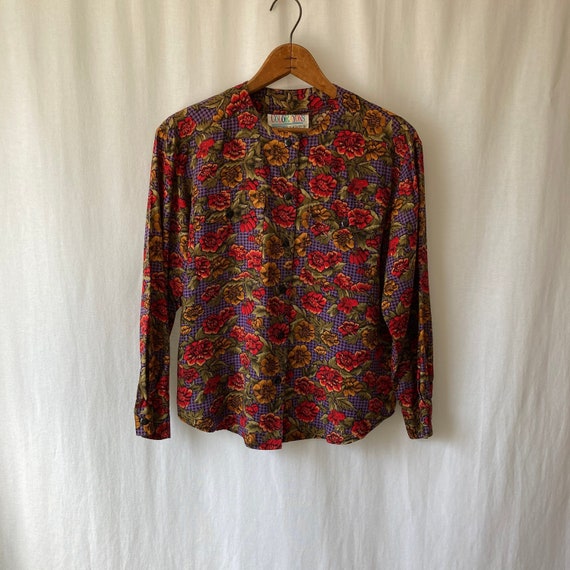 1990s Multicolored Houndstooth and Floral Print Blouse by | Etsy
