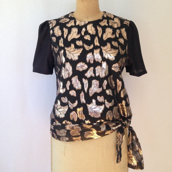 1980s metallic leaf print evening blouse by Frejan
