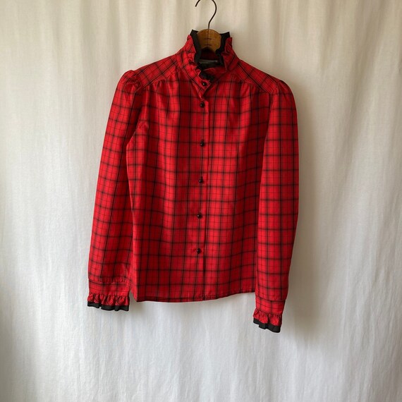 red plaid ruffle blouse