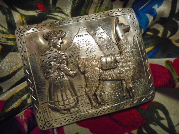 Sterling Silver Brooch, Peruvian Subject, Square,… - image 1