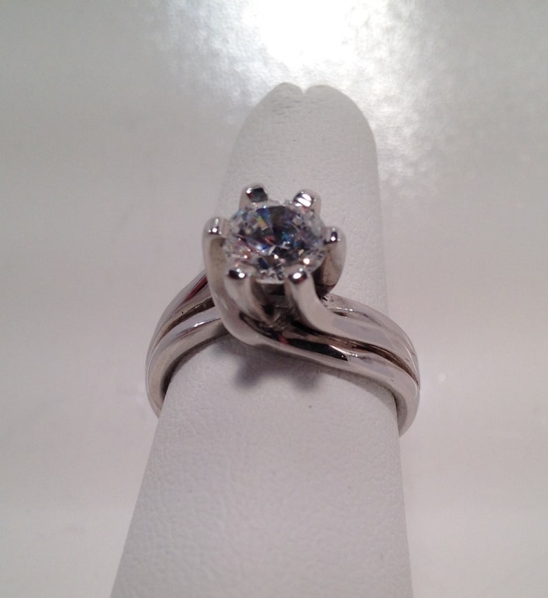 cubic zirconia jewelry art -31 CZ gift wedding handcarved Sterling Silver Six Prong Solitaire Engagement Ring handmade contemporary