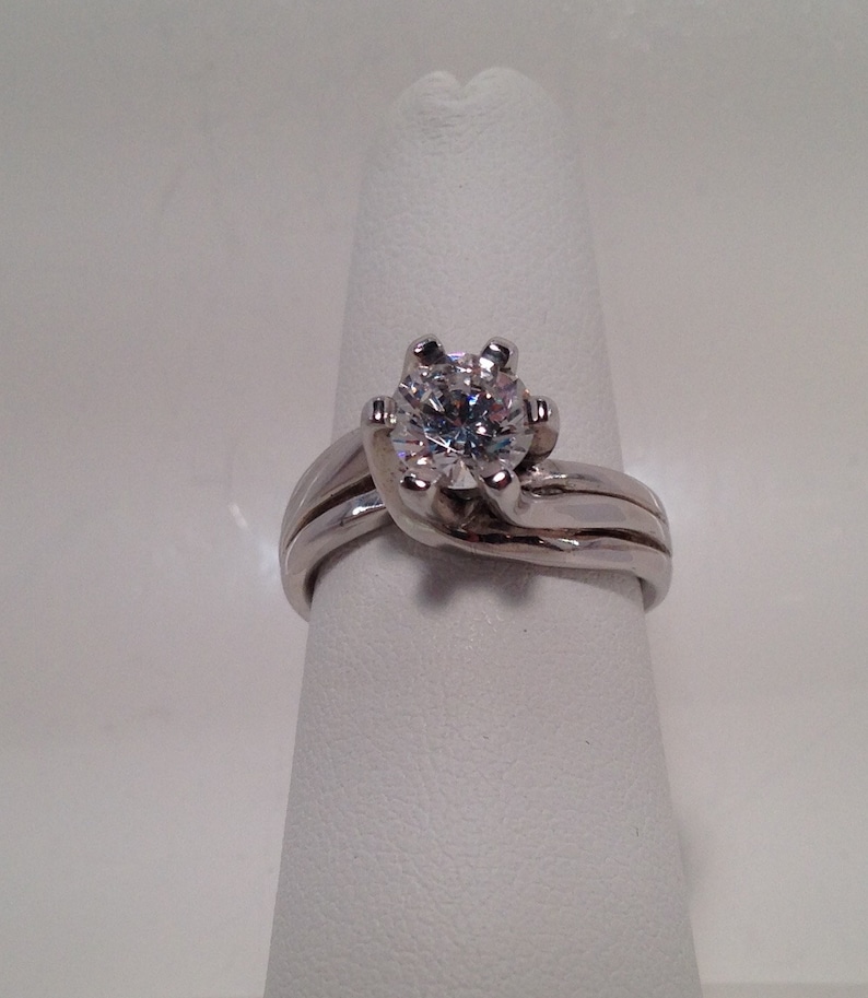 cubic zirconia jewelry art -31 CZ gift wedding handcarved Sterling Silver Six Prong Solitaire Engagement Ring handmade contemporary