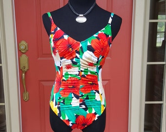 Vintage 80s Floral Ruched Bathing Suit One Piece Swimsuit 1980s Size 12 Medium ~~ Ruching, Retro, Boho, Bohemian, Classic, Traditional