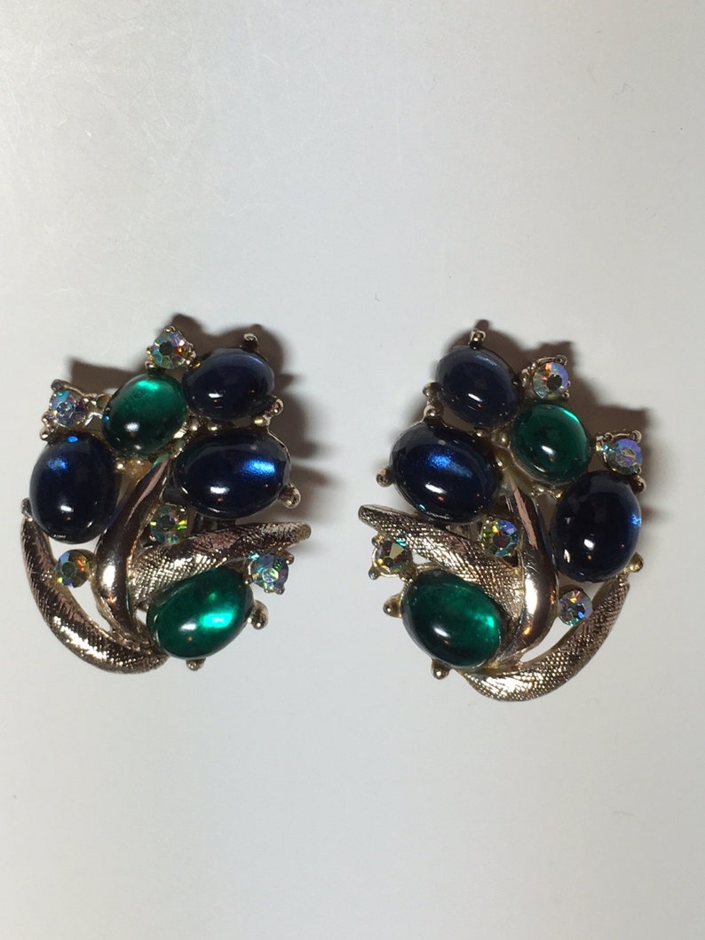 Vintage Blue Green Cabochon Clip On Earrings AB Rhinestone | Etsy