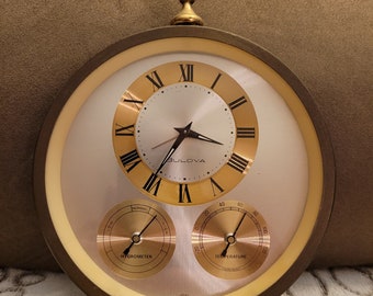 Bulova Weather Station Alarm Clock • Brass Windup Temperature Hygrometer Dials