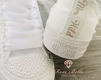 Wedding bridal custom white converse, crystals, pearls, personalised bride converse, bride sneakers, wedding trainers