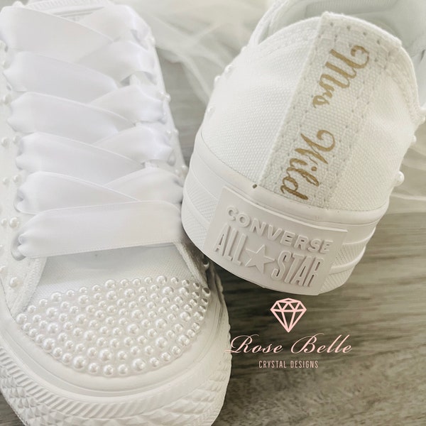Wedding bridal custom white converse, crystals, pearls, personalised bride converse, bride sneakers, wedding trainers