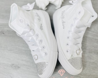Wedding bridal custom white converse, bling converse, hi top converse, personalised bride converse, bride sneakers, wedding trainers