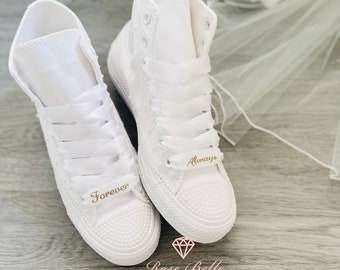 Wedding bridal custom white converse, hi top converse, pearls, personalised bride converse, bride sneakers, wedding trainers