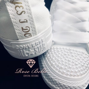 Wedding bridal custom white converse, crystals, pearls, personalised bride converse, bride sneakers, wedding trainers image 1