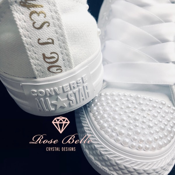 Wedding bridal custom white converse, crystals, pearls, personalised bride converse, bride sneakers, wedding trainers
