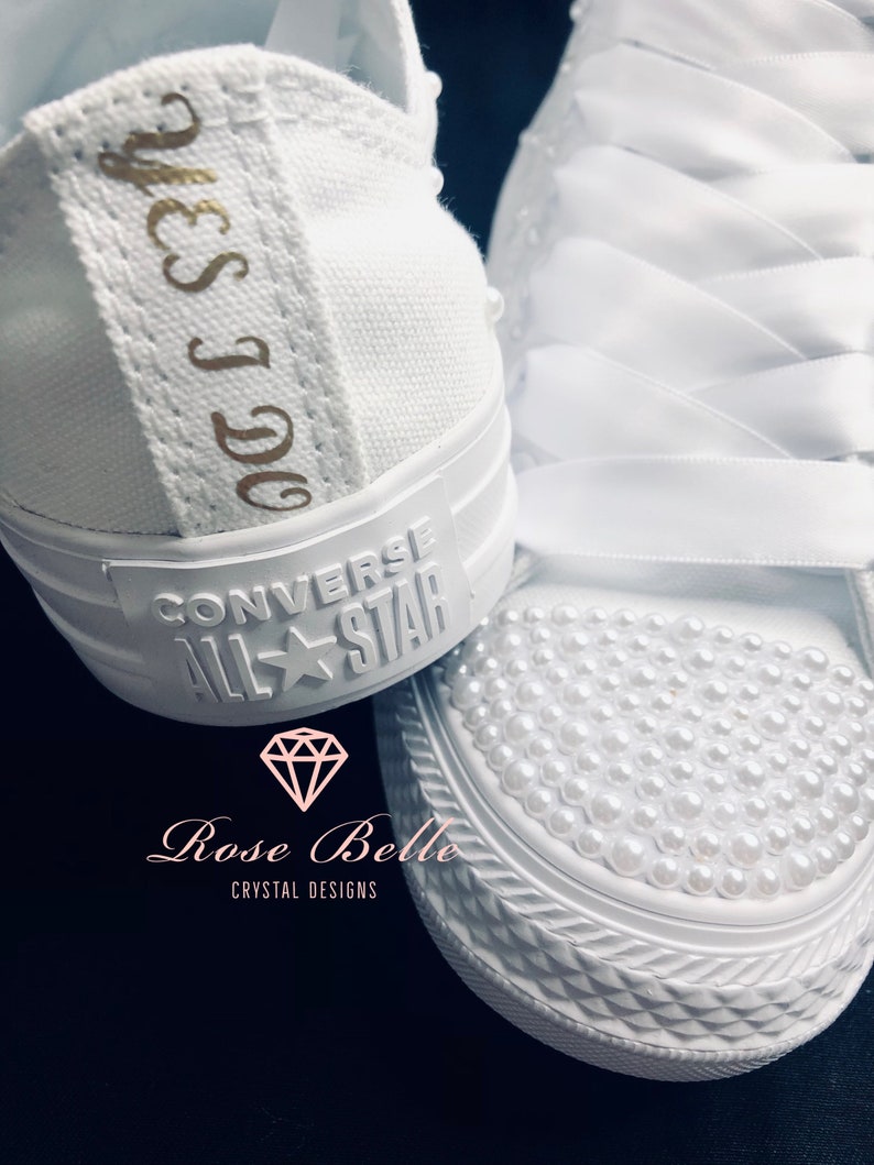 Wedding bridal custom white converse, crystals, pearls, personalised bride converse, bride sneakers, wedding trainers image 1