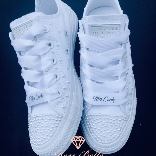 Wedding bridal custom white converse, crystals, pearls, personalised bride converse, bride sneakers, wedding trainers