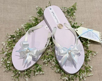 Wedding flip flops with lucky sixpence