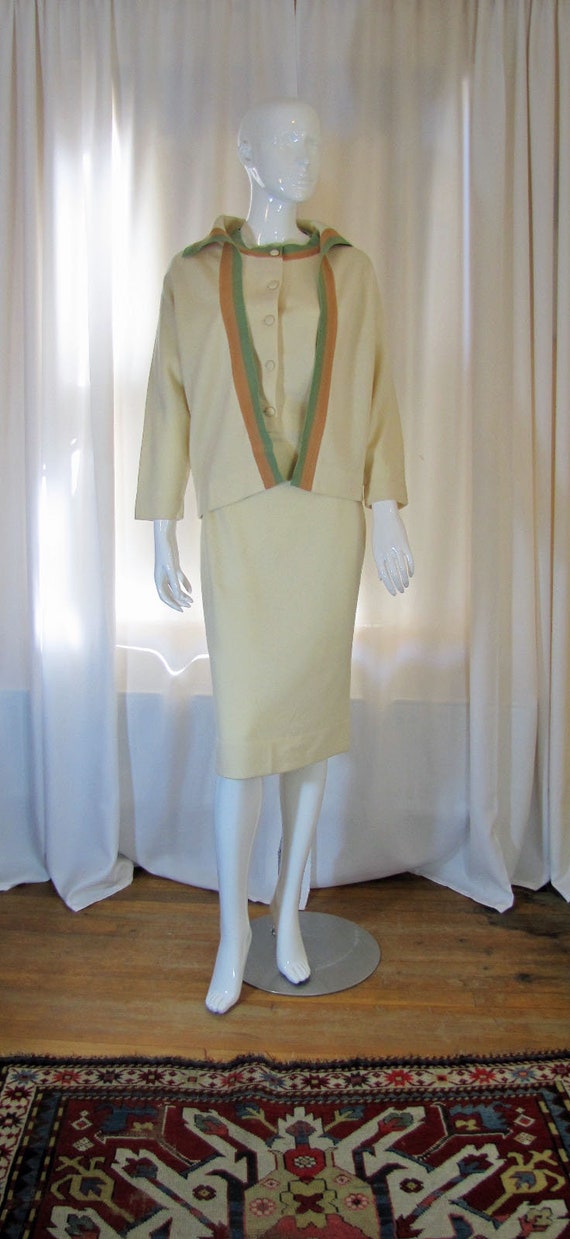 1960's Cadillac Cream Wool Dress and Sweater Set,