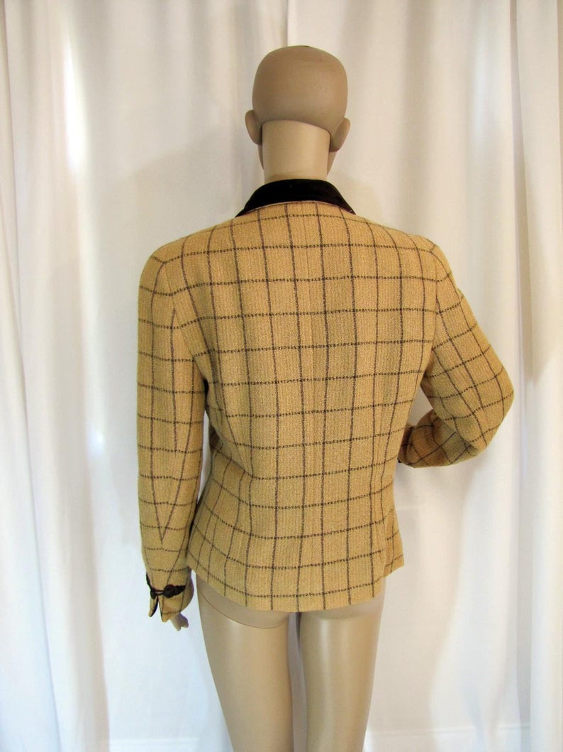 Small to Medium, 1990/'s Akris Tan and Brown Plaid Woven Rayon Short Blazer Business Brown Tan Switzerland Size 8 Plaid Akris