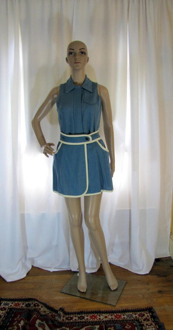 1960's Blue Linen Romper and Skirt Set, Romper, Sk