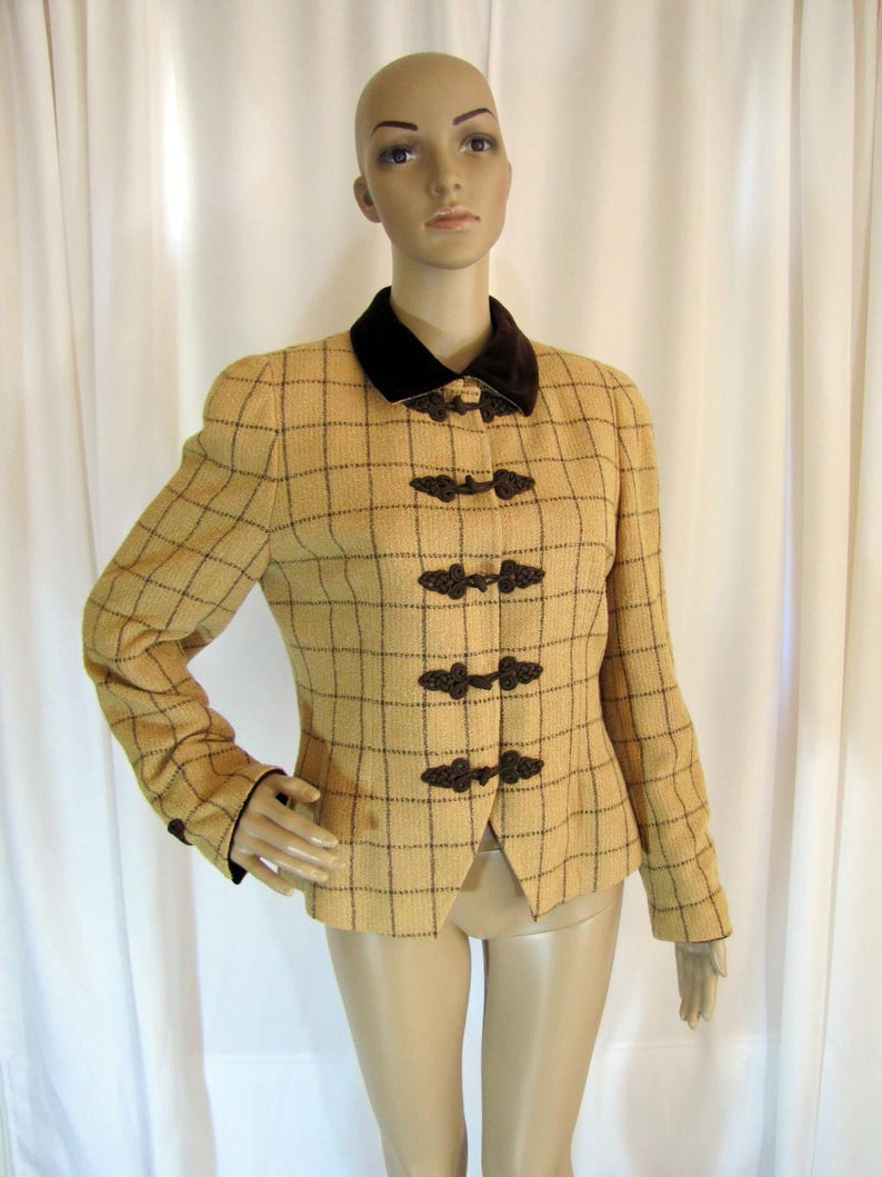 Small to Medium, 1990/'s Akris Tan and Brown Plaid Woven Rayon Short Blazer Business Brown Tan Switzerland Size 8 Plaid Akris