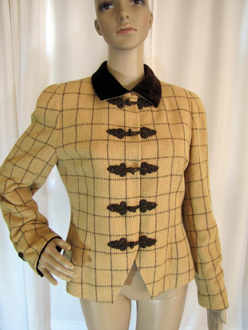 Small to Medium, 1990/'s Akris Tan and Brown Plaid Woven Rayon Short Blazer Business Brown Tan Switzerland Size 8 Plaid Akris