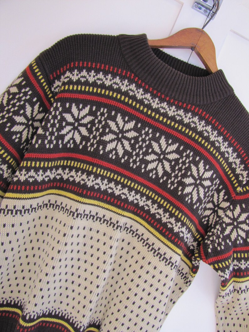 Acrylic Men/'s Medium 1970/'s L S Apres /& Co Brown Brown and Beige Snowflake Patterned Crew Neck Sweater Beige, Scandinavian Style