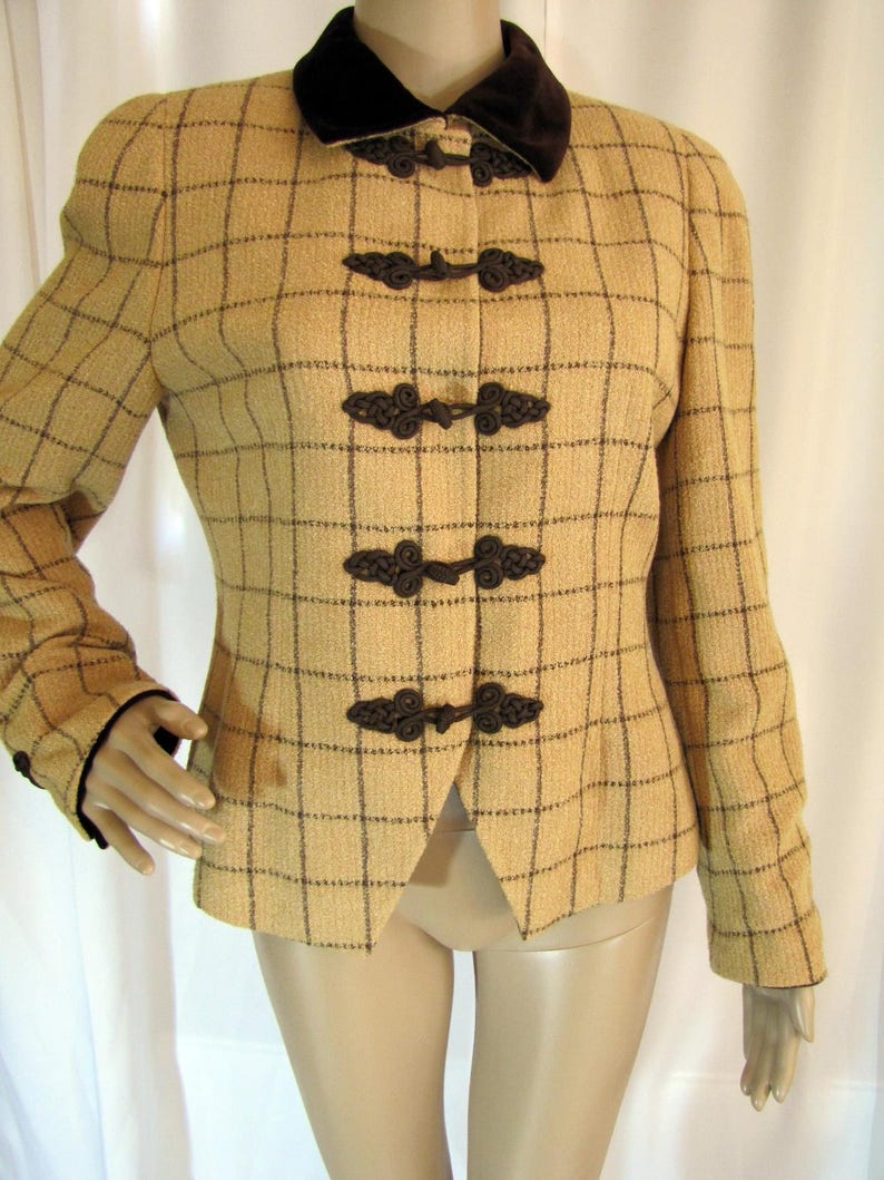 Small to Medium, 1990/'s Akris Tan and Brown Plaid Woven Rayon Short Blazer Business Brown Tan Switzerland Size 8 Plaid Akris