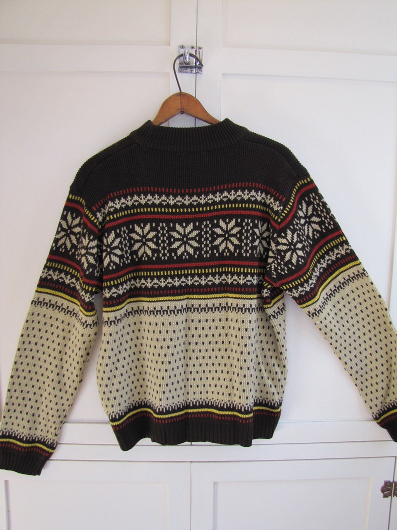 Acrylic Men/'s Medium 1970/'s L S Apres /& Co Brown Brown and Beige Snowflake Patterned Crew Neck Sweater Beige, Scandinavian Style