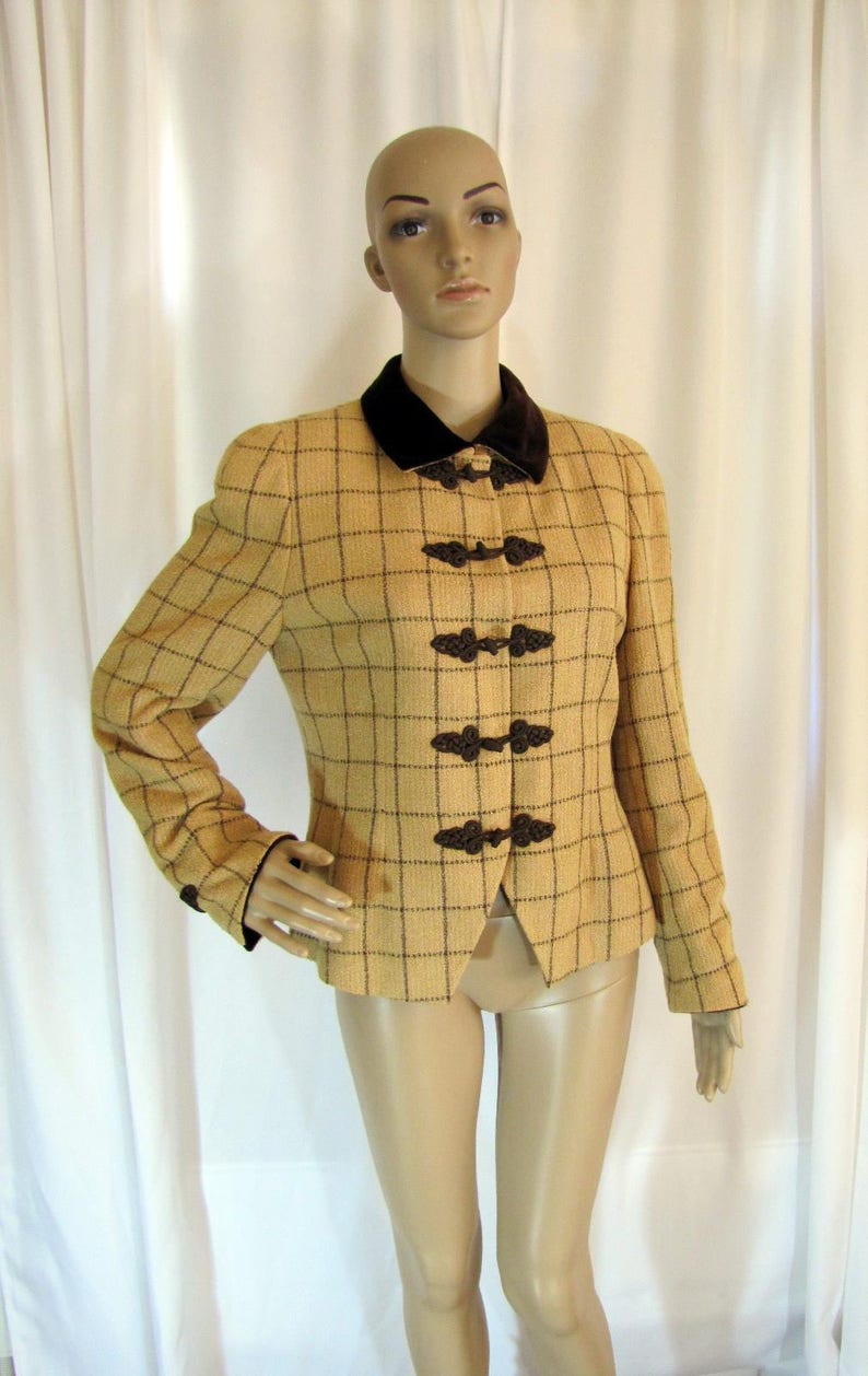 Small to Medium, 1990/'s Akris Tan and Brown Plaid Woven Rayon Short Blazer Business Brown Tan Switzerland Size 8 Plaid Akris