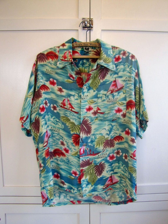 1960's Island Fashions Rayon Teal and Red Hawaiian