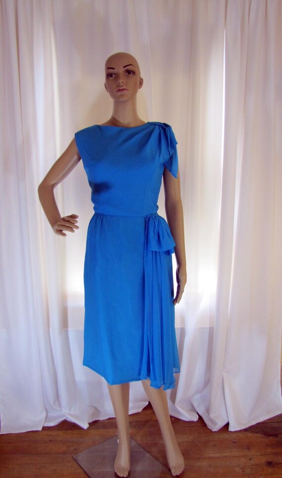 1960's Silk Chiffon Sheath Style Draped Turquoise